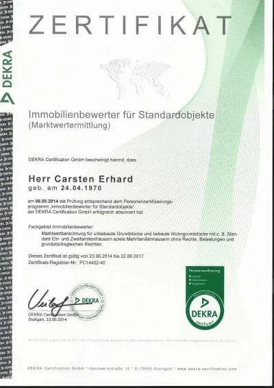 Teilnahmebescheinigung DEKRA-Lehrgang Immobilienbewertung, Carsten Erhard, 2017