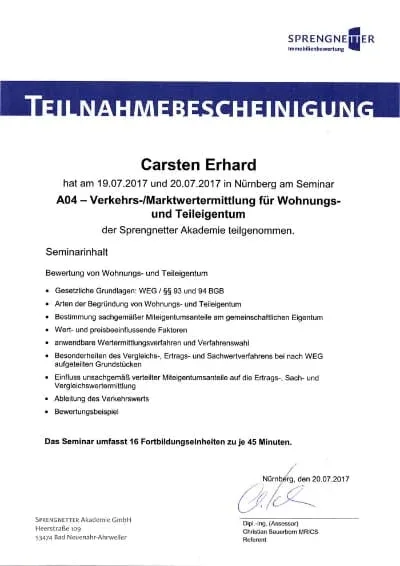 Lehrgang Bewertung von Wohn- und Teileigentum, Sprengnetter, Carsten Erhard