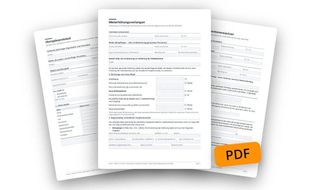 Vorschau der kostenlosen Mustervorlagen als PDF: Mieterhöhungsverlangen, Mitteilung über den Eigentümerwechsel und Übergabeprotokoll