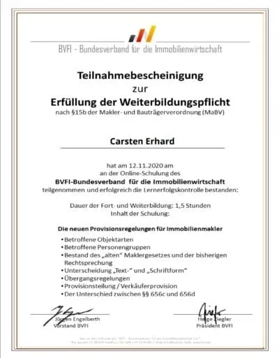 Seminar Maklerrecht, Teilnahmebescheinigung Carsten Erhard