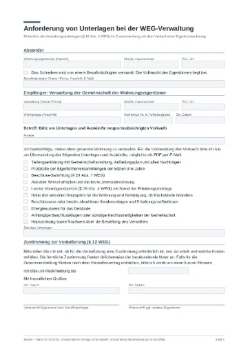 Mustervorlagen für Vermieter und Verkäufer: 7 kostenlose PDF-Vorlagen 3 Vorschau Muster Anfrage an die WEG-Verwaltung (PDF)
