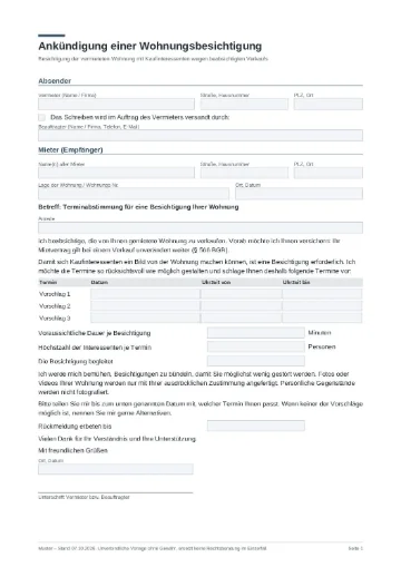 Mustervorlagen für Vermieter und Verkäufer: 7 kostenlose PDF-Vorlagen 4 Vorschau Muster Ankündigung einer Wohnungsbesichtigung (PDF)