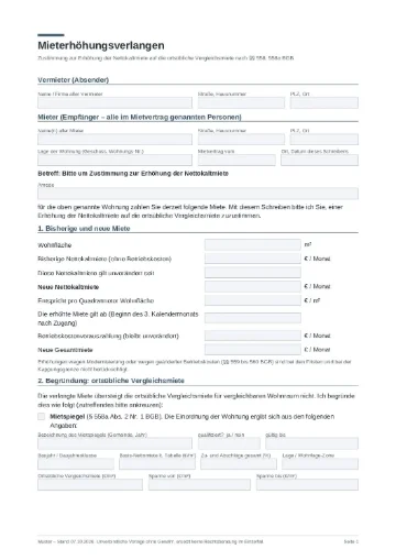 Mustervorlagen für Vermieter und Verkäufer: 7 kostenlose PDF-Vorlagen 8 Vorschau Muster Mieterhöhungsverlangen nach § 558 BGB (PDF)