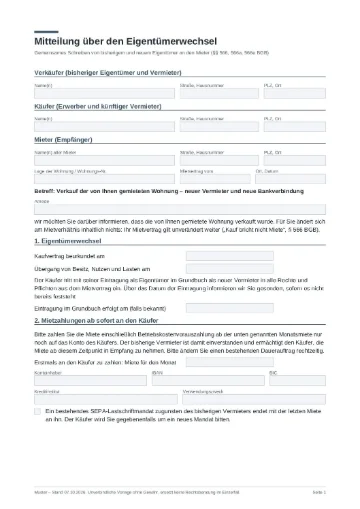 Mustervorlagen für Vermieter und Verkäufer: 7 kostenlose PDF-Vorlagen 5 Vorschau Muster Mitteilung über den Eigentümerwechsel (PDF)