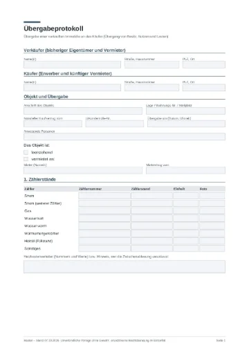 Mustervorlagen für Vermieter und Verkäufer: 7 kostenlose PDF-Vorlagen 7 Vorschau Muster Übergabeprotokoll beim Immobilienverkauf (PDF)