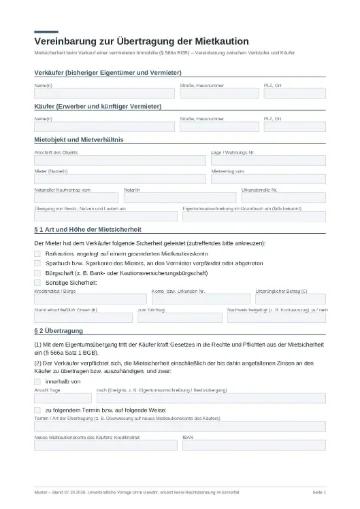 Mustervorlagen für Vermieter und Verkäufer: 7 kostenlose PDF-Vorlagen 6 Vorschau Muster Übertragung der Mietkaution (PDF)