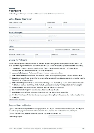 Mustervorlagen für Vermieter und Verkäufer: 7 kostenlose PDF-Vorlagen 2 Vorschau Muster Vollmacht zur Unterlagenbeschaffung (PDF)